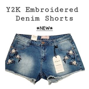 Y2K Embroidered Jean Shorts | NWT | Jean Shorts | Denim Short | Raw Hem